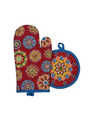 Colorful Red Floral Oven Mitt and Pot Holder Set - Unbranded